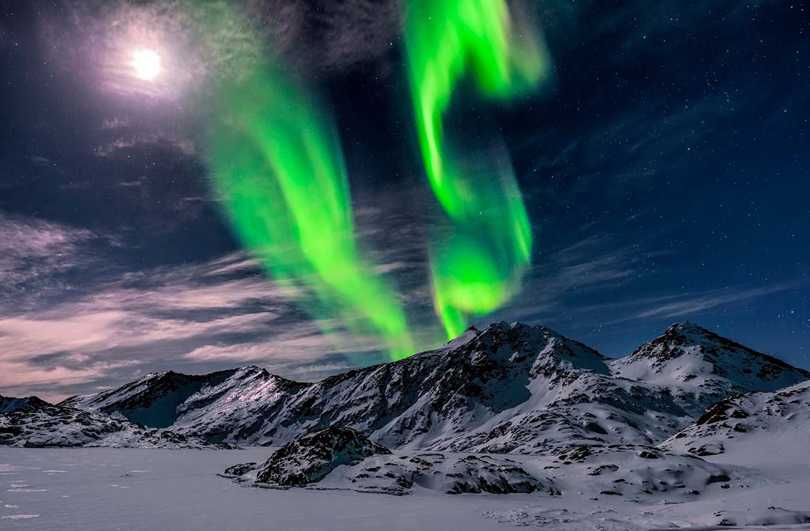 Aurora borealis over Taatsukajik, Sermersooq, East Greenland, a long way on skis from Kulusuk.
