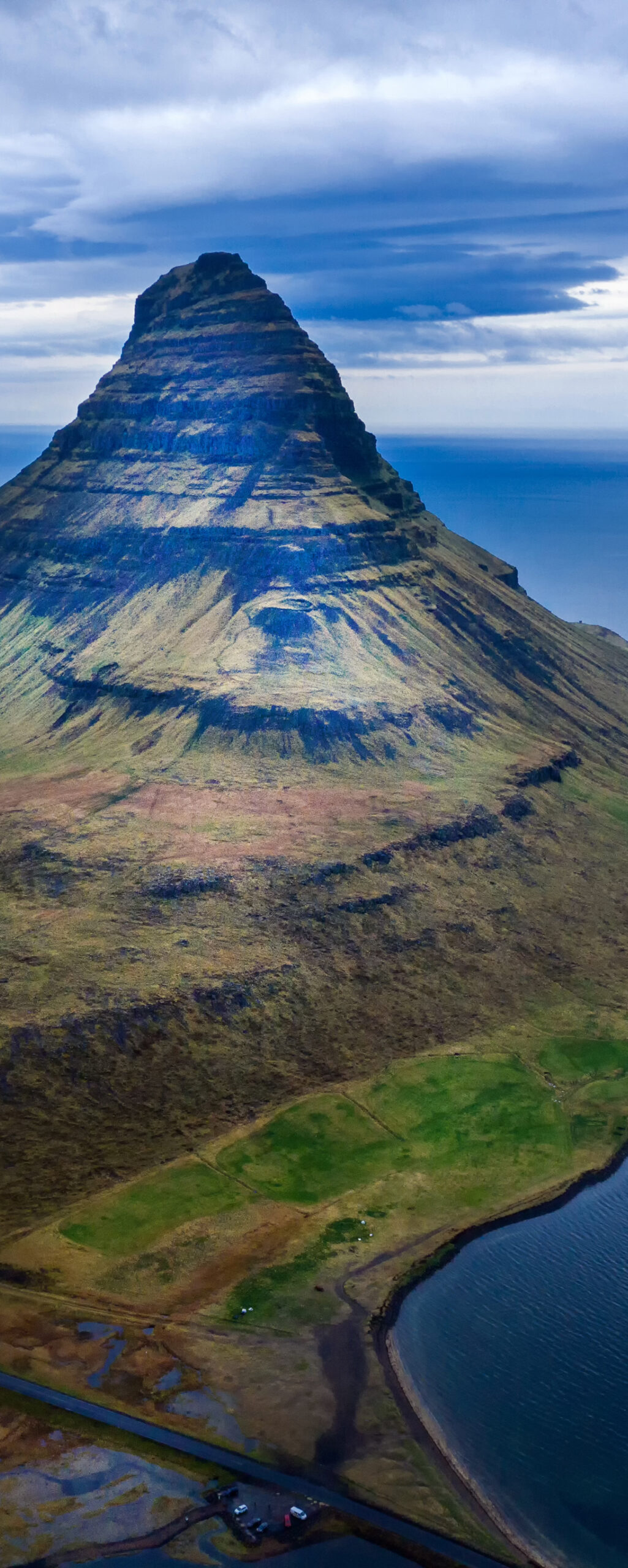 Aerial view of Kirkjufell mountain, Iceland by drone