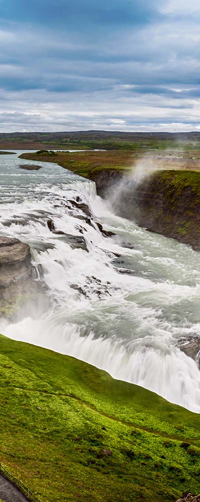 Amazing huge beautiful waterfall Gullfoss, famous landmark in Iceland, selective focus