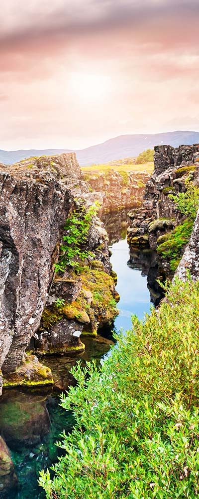 Beautiful cliffs and deep fissure in Thingvellir National Park. Southern Iceland