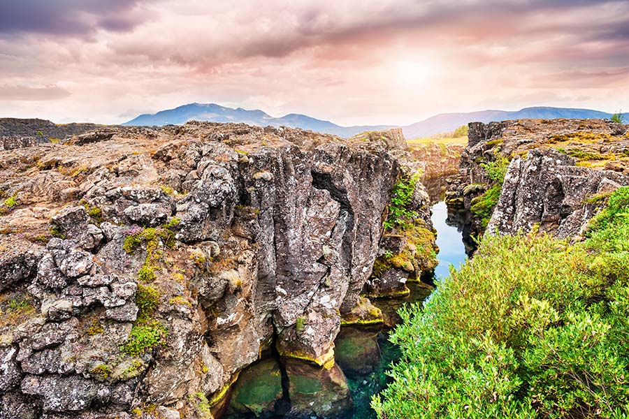 Beautiful cliffs and deep fissure in Thingvellir National Park. Southern Iceland